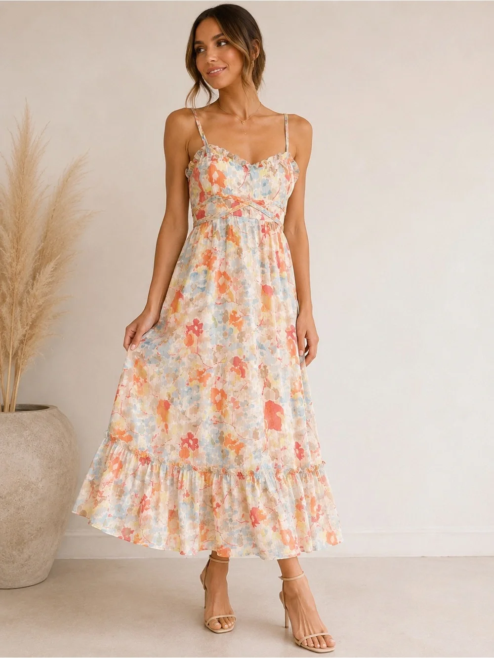 Likely Floral Metallic Thread Midi Dress Size 0 Watercolor Print